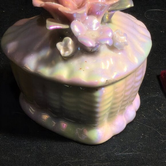 Vintage Iridescent Porcelain Trinket Box With Rose Lid Detail - Picture 4 of 8